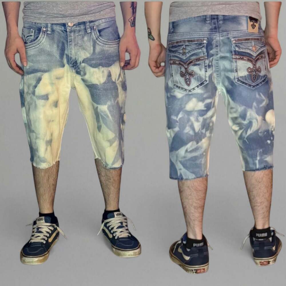 F82 AND CO Bleach Wash Baggy Jorts Embroidered Y2K Streetwear